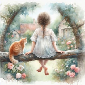 May include: Watercolor painting of a young person with a braid, wearing a white dress, sitting on a tree branch with an orange tabby cat. The background features a house, flowers, and lush greenery.