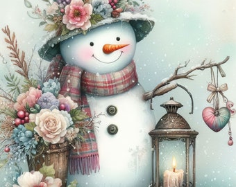 Shabby Chic Snowman Clipart Bundle 10 High Res Watercolor JPGs for Junk Journaling, Scrapbook, Crafts, Digital Download,Fantasy, Whimsical