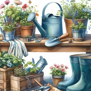 Gartenwerkzeuge Clip Art Kit 10 hochauflösende JPGs in Aquarell Farben für Junk Journaling, Scrapbooking, Papierhandwerk, digitaler Download
