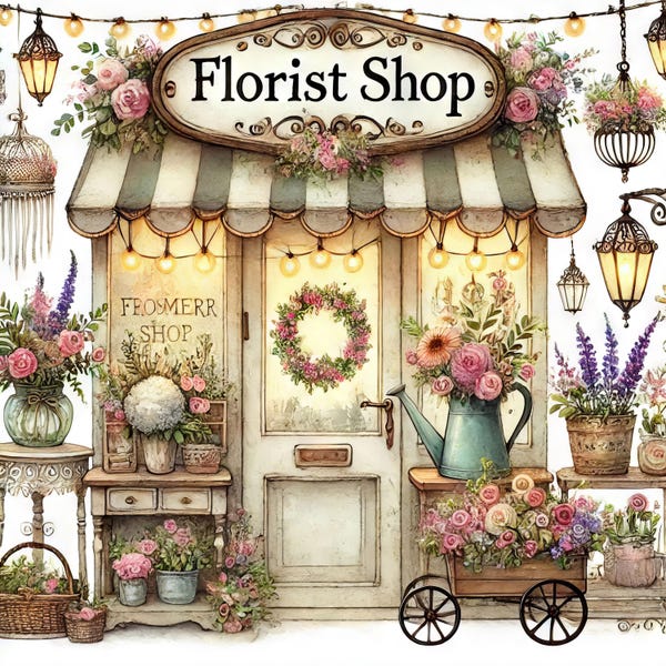 Floristería: Imágenes prediseñadas, 10 archivos JPG de acuarela de alta resolución, Junk Journaling, Álbum de recortes, Manualidades, Arte digital, Fantasía, Caprichoso, Floristería