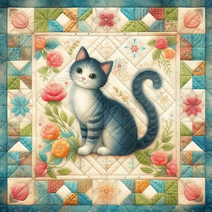 May include: A blue and white cat with green eyes sits on a cream-colored background with a floral pattern. The cat is surrounded by pink, orange, and yellow flowers. The background is a patchwork quilt with a blue and green border.