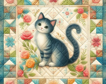 May include: A blue and white cat with green eyes sits on a cream-colored background with a floral pattern. The cat is surrounded by pink, orange, and yellow flowers. The background is a patchwork quilt with a blue and green border.