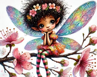 Quirky Black Fairy On Branch: Clip Art, 10 High Res Watercolor JPGs, Junk Journaling, Scrapbooking, Card Making, Digital Art, Fantasy