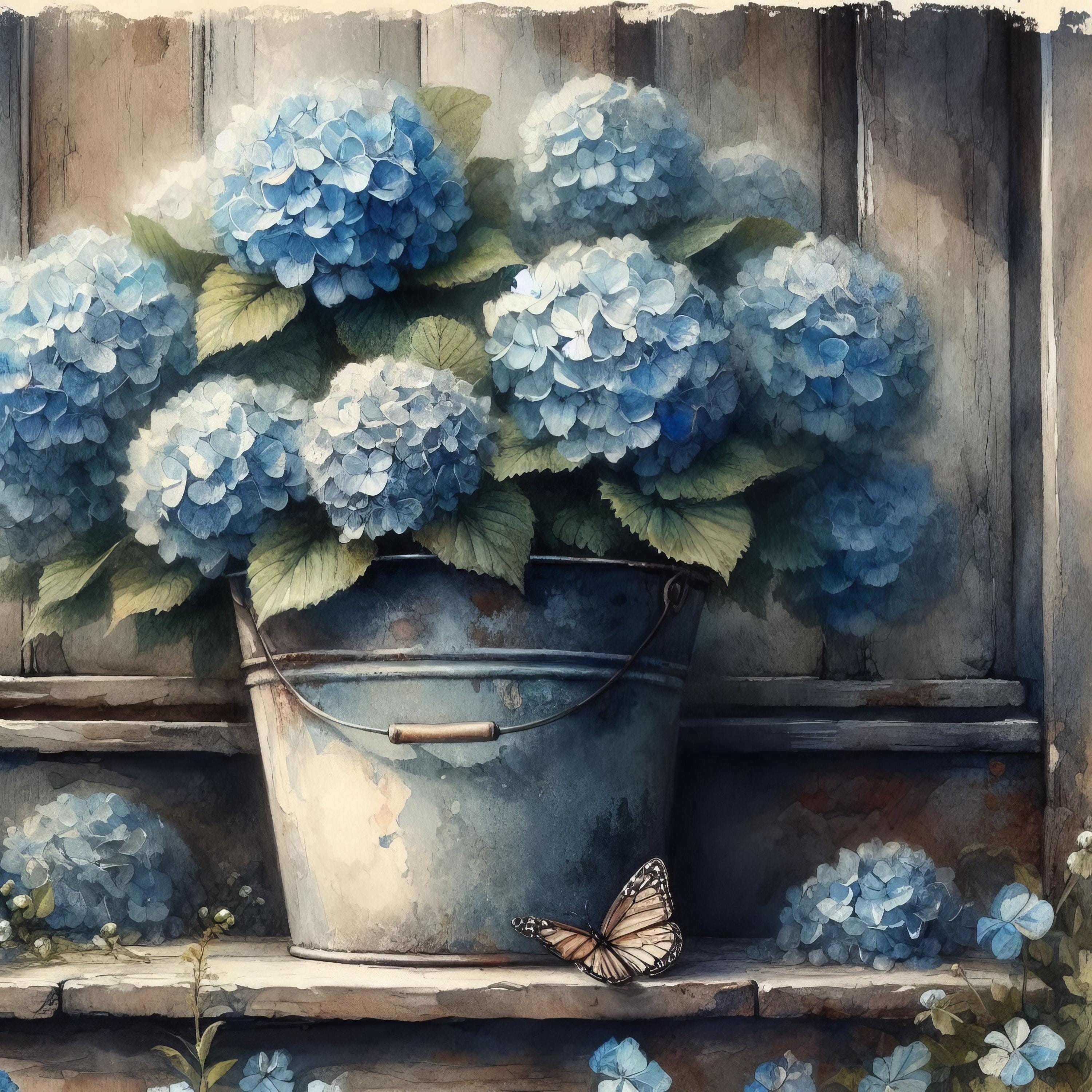 Hydrangeas in Blue Bucket 10 High Res Watercolor Jpgs for Junk ...