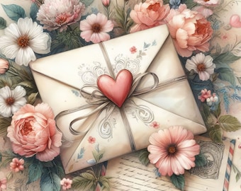Peut inclure: Une enveloppe vintage nouée d'un ruban et ornée d'un cœur, entourée de fleurs roses et blanches. L'enveloppe repose sur un morceau de papier avec du texte manuscrit.