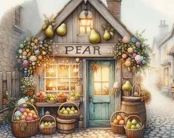 Pear Shop: 10 High Res Watercolor JPGs, Junk Journaling, Scrapbooking, Card Making, Digital Art, Fantasy, Whimsical