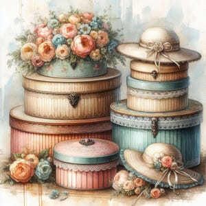 Puede incluir: Un conjunto de cajas para sombreros de estilo vintage con detalles florales. Las cajas están apiladas en forma de pirámide, con la caja más grande en la parte inferior y la más pequeña en la parte superior. Las cajas están decoradas con encaje, cintas y flores. Las cajas son de color beige claro con un toque de rosa.