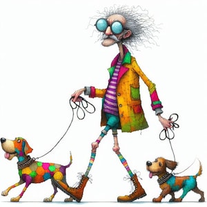 Quirky Dog Walker Art 10 High Res Watercolor JPGs Junk Journaling, Scrapbooking, Card Making, Digital Download Kit, Fantasy, Whimsical