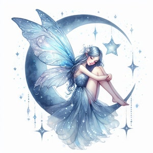Clipart fée de la lune bleue 10 fichiers JPG aquarelle haute résolution pour la journalisation indésirable, le scrapbooking, la fabrication de cartes, le kit de téléchargement numérique