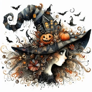 May include: A whimsical illustration of a witch's hat adorned with a haunted house, pumpkins, and skulls. The hat is striped in gray and black, with bats flying around it. A woman's profile with flowing brown hair is featured below the hat, creating a Halloween theme.