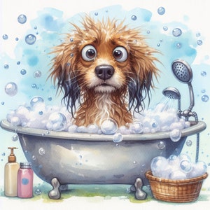 Cachorro Exausto em Banho de Espuma Clip Art 10 JPGs em Aquarela de Alta Resolução Diário, Scrapbooking, Criação de Cartões, Download Digital, Fantasia, Caprichoso