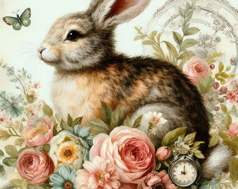 Vintage Brown Rabbit: Clip Art, 10 High Res Watercolor JPGs, Junk Journaling, Scrapbook, Crafts, Digital Art