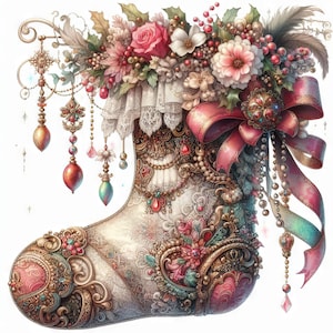 May include: A white and gold Christmas stocking with a red bow and a floral arrangement on top. The stocking is decorated with intricate details and jewels.