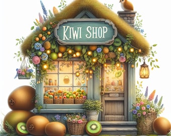 Kiwi Shop: 10 High Res Watercolor JPGs, Junk Journaling, Scrapbooking, Card Making, Digital Art, Fantasy, Whimsical