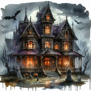 Spooky Halloween House 10 JPG ad alta risoluzione in acquerello Junk Journaling, Scrapbooking, Creazione di biglietti, Download digitale, Fantasy, Stravagante