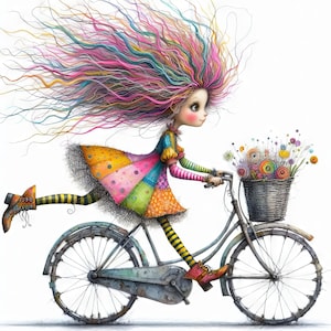 May include: A whimsical illustration of a girl with colorful hair riding a bicycle with a basket of flowers. The girl is wearing a patchwork dress and striped stockings.