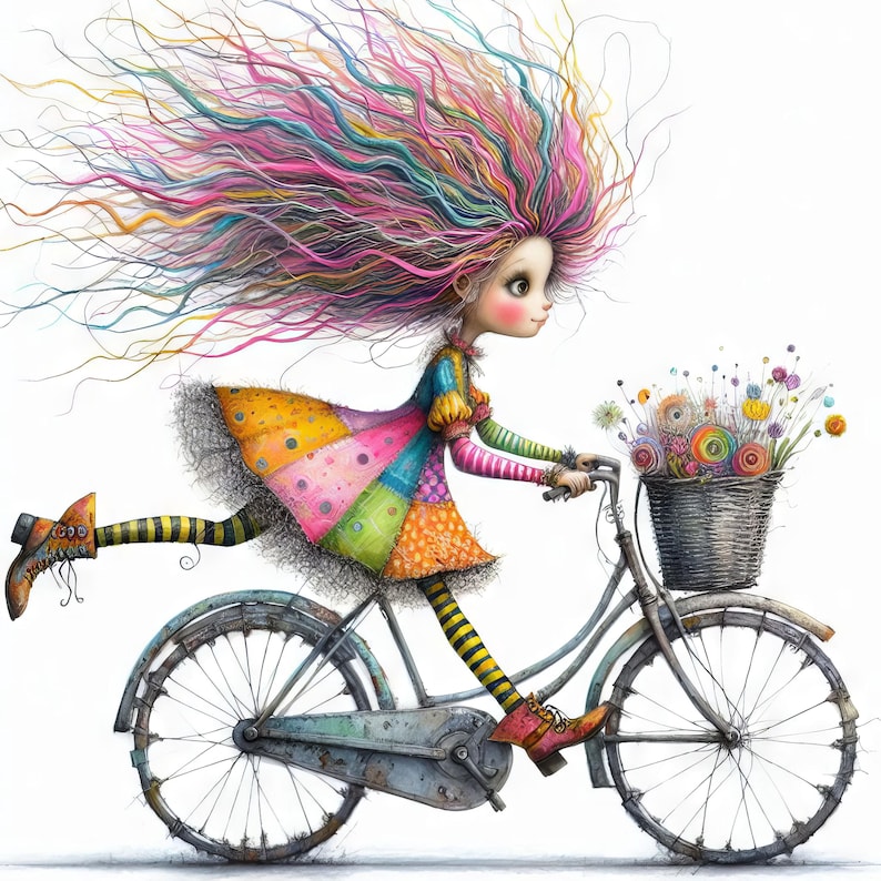 May include: A whimsical illustration of a girl with colorful hair riding a bicycle with a basket of flowers. The girl is wearing a patchwork dress and striped stockings.