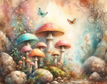 Fairy Mushroom Garden:  10 High Res Watercolor JPGs for Junk Journaling, Scrapbook, Crafts, Digital Art, Fantasy, Whimsical
