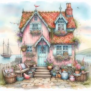 Whimsical Cottage by the Sea Clip Art 10 High Res Watercolor Jpgs for ...