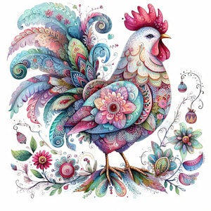 10 images JPG aquarelles haute résolution de poulet Paisley pour la journalisation indésirable, le scrapbooking, la fabrication de cartes, le kit de téléchargement numérique