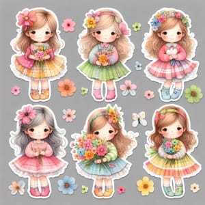 62 Fussy Cut Girl com flores JPGs de aquarela de alta resolução Junk Journaling Scrapbooking, criação de cartões, kit de download digital Fantasy Whimsical
