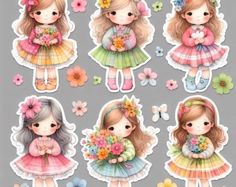 62 Fussy Cut Girl with Flowers High Res Watercolor JPGs Junk Journaling Scrapbooking, Card Making, Digital Download Kit Fantasy Whimsical