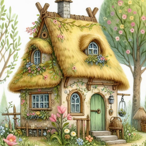 Quaint Thatched Roof Cottage Clip Art Bundle 10 High Res Watercolor JPGs for Junk Journaling, Scrapbook, Crafts, Digital Download