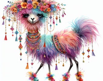 Llama extravagante y elegante: 10 imágenes prediseñadas en acuarela de alta resolución en formato JPG para diario basura, scrapbooking, tarjetas, arte digital, fantasía caprichosa