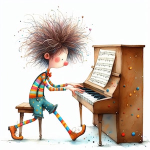 Clip art de un peculiar niño pianista, 10 archivos JPG de acuarela de alta resolución, para diario basura, scrapbooking, creación de tarjetas, kit de descarga digital, fantasía, caprichoso
