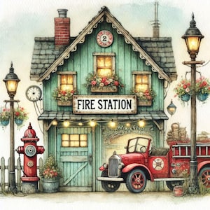 Caserne de pompiers 10 fichiers JPG aquarelle haute résolution, journal indésirable, scrapbooking, fabrication de cartes, kit de téléchargement numérique, fantastique, fantaisiste