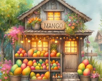 Mango Shop: 10 High Res Watercolor JPGs, Junk Journaling, Scrapbooking, Card Making, Digital Art, Fantasy, Whimsical