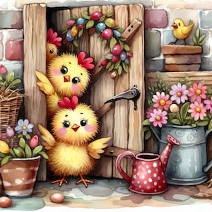 Peeking Chickens 10 fichiers JPG aquarelle haute résolution Journalisation indésirable, scrapbooking, fabrication de cartes, téléchargement numérique, fantastique, fantaisiste, original