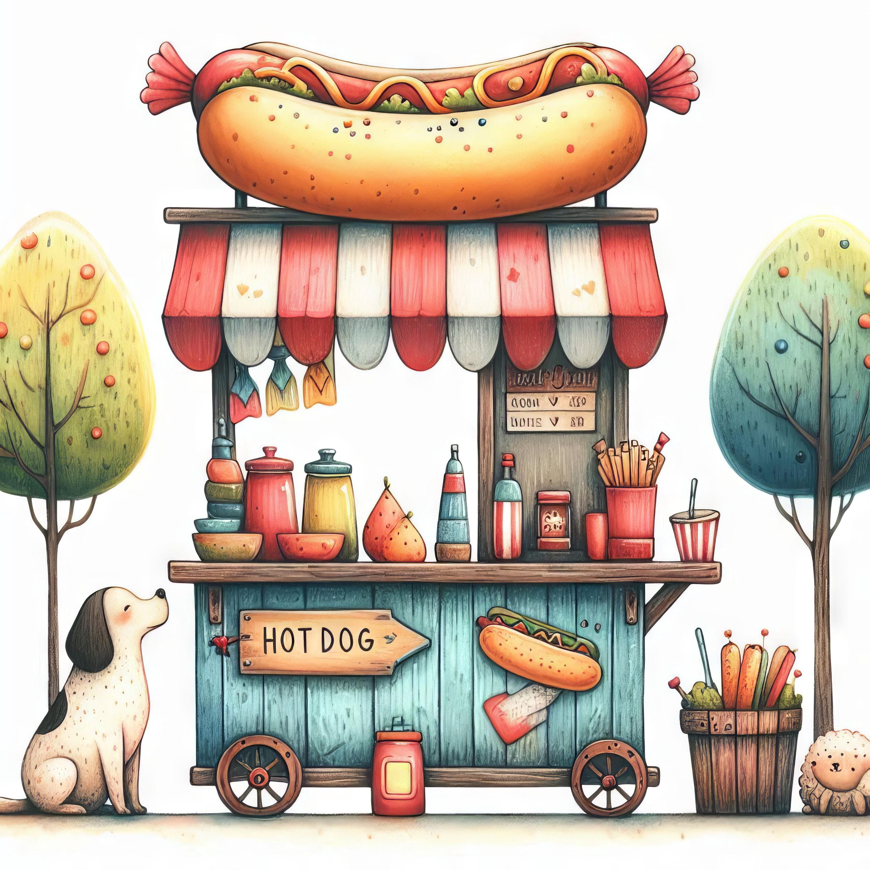 Hot Dog Stand: Clip Art, 10 High Res Watercolor Jpgs, Junk