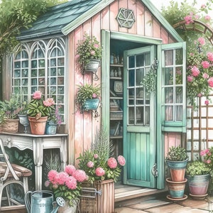 Galpão de jardim chique e gasto: 10 JPGs em aquarela de alta resolução para diário, scrapbook, artesanato e download digital
