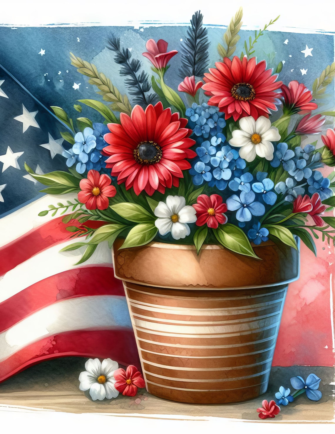 May include: A terracotta flower pot with a striped pattern is filled with a bouquet of red, white, and blue flowers. The flowers include red gerbera daisies, white daisies, and blue forget-me-nots. The pot is sitting on a wooden surface in front of an American flag.