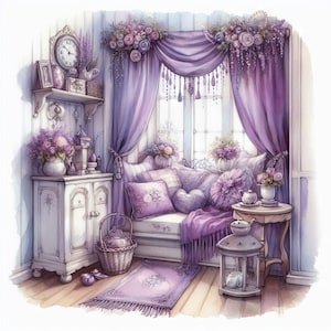 Cozy Nook in Purple Clip Art Bundle 10 High Res Watercolor JPGs for Junk Journaling, Scrapbooking, Card Making, Digital Download