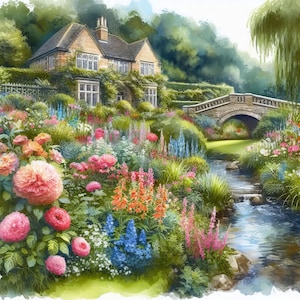 Jardín de verano inglés: 10 archivos JPG de acuarela de alta resolución para diarios basura, scrapbooking, creación de tarjetas y kit de descarga digital.