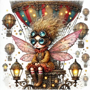 Steampunk-Fee im Heißluftballon 10 hochauflösende Aquarell JPGs Junk Journaling, Kartenherstellung, Digital Download, Skurril, Fantasy