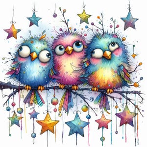 10 images clipart originales d'oiseaux aux yeux étoilés haute résolution aquarelle JPG Journalisation indésirable, scrapbooking, fabrication de cartes, fantastique, fantaisiste