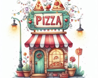 May include: A cartoon illustration of a red and white striped awning over a green and brown storefront with the word "PIZZA" in a white banner. The storefront has a green door and a window with a pizza inside. There are two streetlights on either side of the storefront.