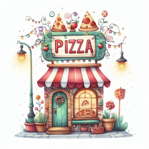 Pizza Shop: Clip Art, 10 High Res Watercolor JPGs, Junk Journaling, Scrapbooking, Card Making, Digital Art, Whimsical, Fantasy