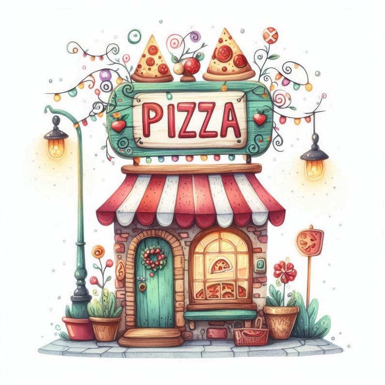May include: A cartoon illustration of a red and white striped awning over a green and brown storefront with the word "PIZZA" in a white banner. The storefront has a green door and a window with a pizza inside. There are two streetlights on either side of the storefront.