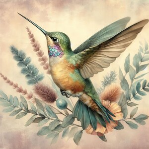 May include: A vibrant hummingbird with iridescent green and blue feathers perched on a branch of delicate, green foliage. The hummingbird's wings are spread, showcasing its intricate patterns and colors.