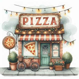 May include: A watercolor illustration of a cute pizza shop with a red awning, a sign that says "PIZZA", and a slice of pizza in the window. There are string lights hanging above the shop and plants in pots outside.