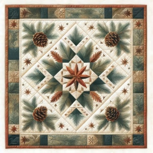 Könnte beinhalten: Eine beige und braune Steppdecke mit einem geometrischen Muster aus Tannenzapfen und Tannenzweigen. Die Steppdecke besteht aus Quadraten und Dreiecken, und das Zentrum der Steppdecke zeigt ein großes Sternburst-Design.