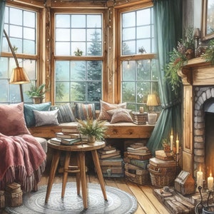 May include: A cozy living room with a large bay window, a fireplace, and a wooden table with books stacked on it. The room is decorated with pillows, blankets, and candles.