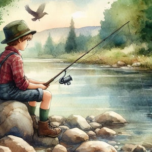 Puede incluir: Una persona joven con un sombrero verde y una camisa a cuadros rojos y blancos se sienta en una roca junto a un r&iacute;o, sosteniendo una ca&ntilde;a de pescar. La persona est&aacute; lanzando una l&iacute;nea al agua. La escena est&aacute; pintada en estilo acuarela con un p&aacute;jaro volando por encima.