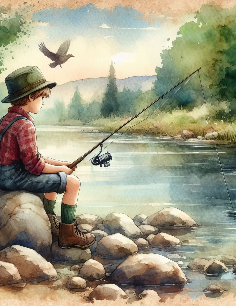 Puede incluir: Una persona joven con un sombrero verde y una camisa a cuadros rojos y blancos se sienta en una roca junto a un r&iacute;o, sosteniendo una ca&ntilde;a de pescar. La persona est&aacute; lanzando una l&iacute;nea al agua. La escena est&aacute; pintada en estilo acuarela con un p&aacute;jaro volando por encima.