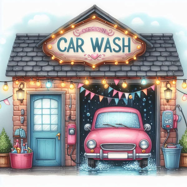 Car Wash Shop: 10 High Res Watercolor JPGs, Junk Journaling, Scrapbooking, Card Making, Digital Art, Fantasy, Whimsical
