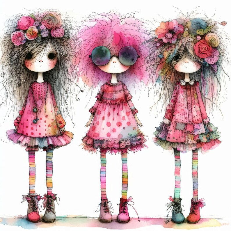 Quirky Pink Girl Clip Art 10 High Res Watercolor Jpgs Junk Journaling